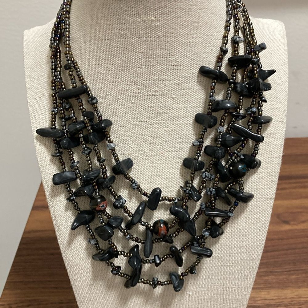 Esmor Vintage Signed Multistrand Necklace with Black Agate and Iridescent Beads.